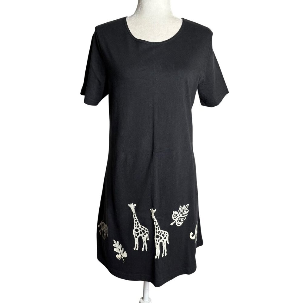 Vintage 90s Coconut Bay Black Petite Medium TShirt Dress Animal Stamped Painted